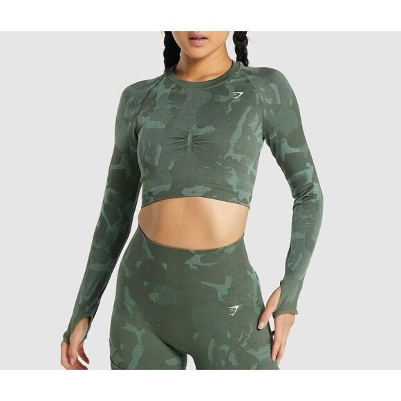 Gymshark ADAPT CAMO SEAMLESS LONG SLEEVE CROP TOP size XL Green - Picture 1 of 9